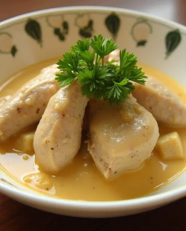 Blanquette de poulet au cookeo servie dans un bol, décorée de persil frais, mettant en valeur une présentation appétissante.