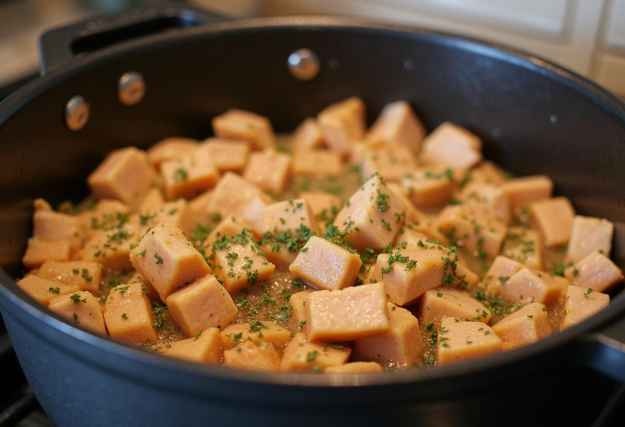 Préparation du poulet pour blanquette de poulet au cookeo avec des morceaux dorés dans une grande casserole.
