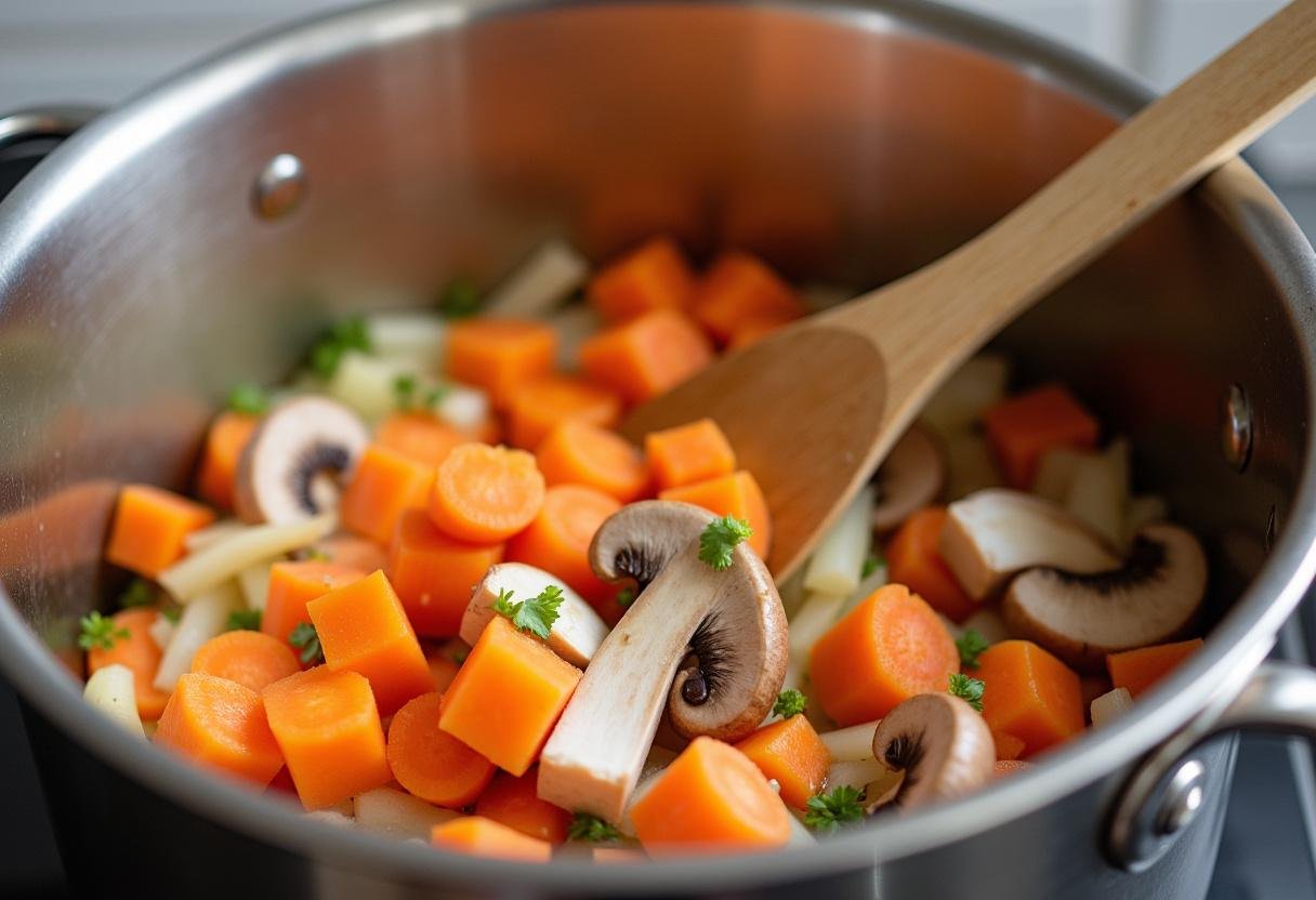 Ajout de carottes, oignons et champignons à la blanquette de poulet cookeo, créant un mélange coloré dans la casserole.