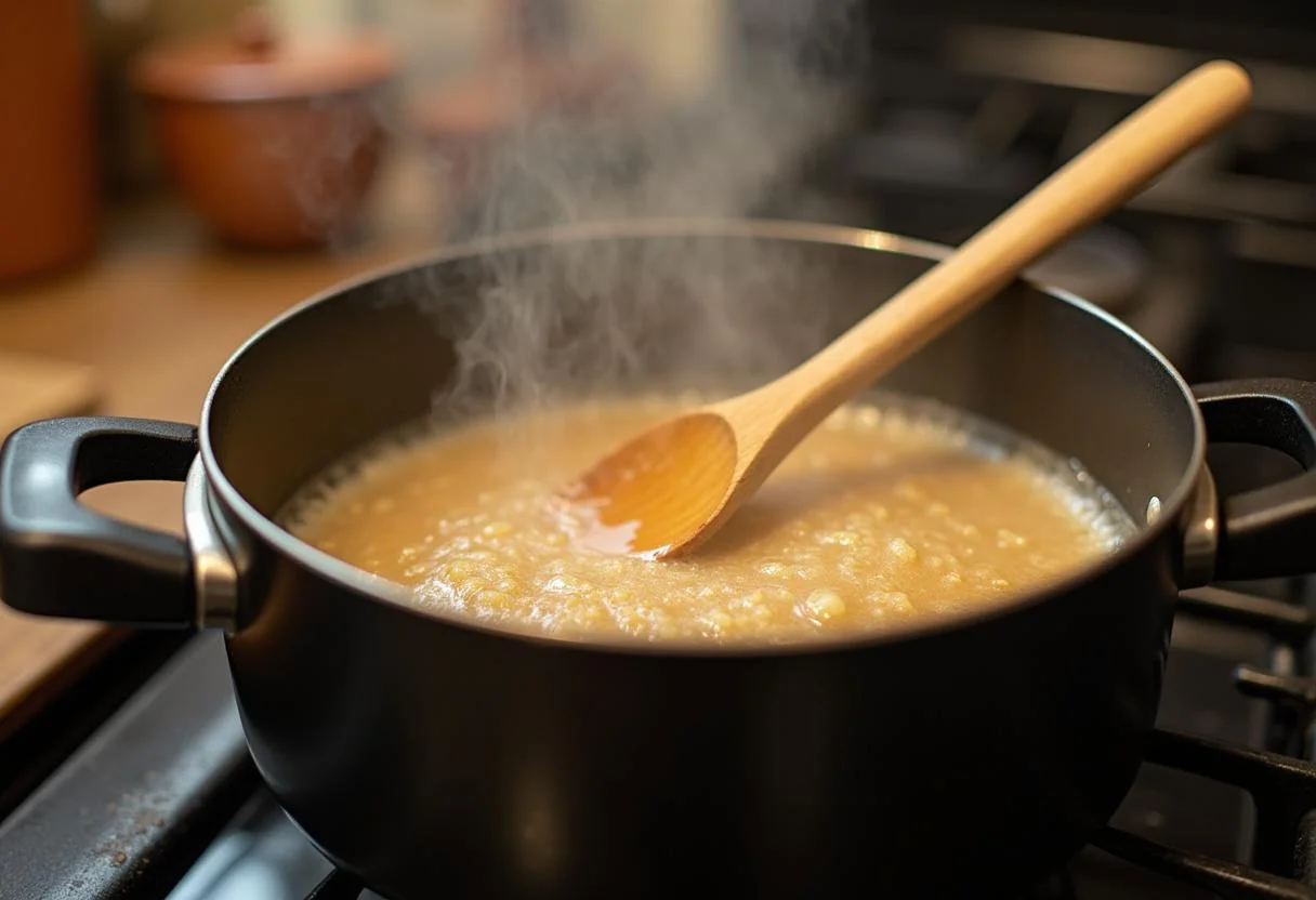 Mélange de gingembre et de sucre en train de mijoter dans une casserole, préparation des bonbons maison.