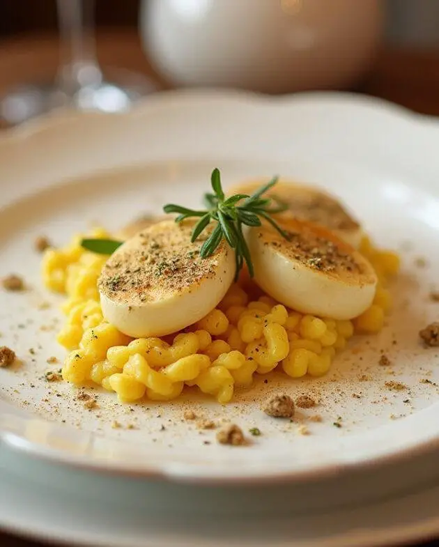 Final presentation of brouillade d'Oeufs à la Truffe Classique, elegantly garnished and ready to be served.