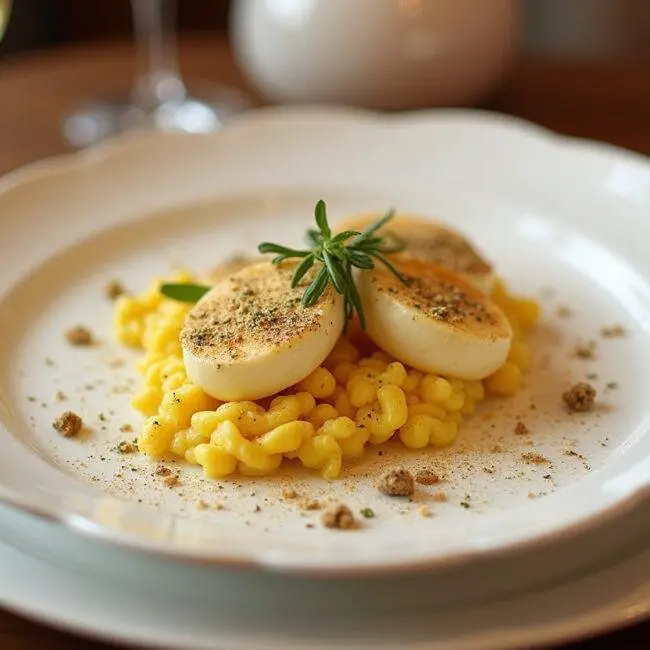 Final presentation of brouillade d'Oeufs à la Truffe Classique, elegantly garnished and ready to be served.