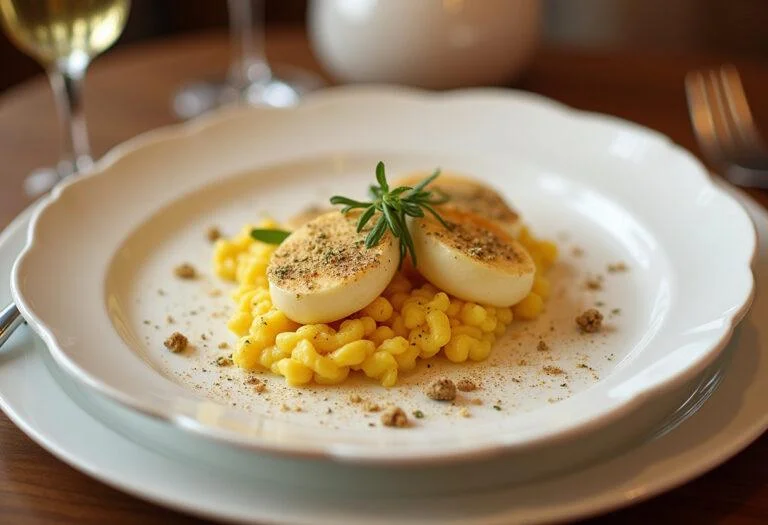 Final presentation of brouillade d'Oeufs à la Truffe Classique, elegantly garnished and ready to be served.