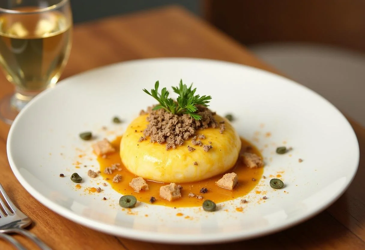 Présentation finale de la brouillade d'Oeufs à la Truffe Classique, élégamment garnie et prête à être servie.
