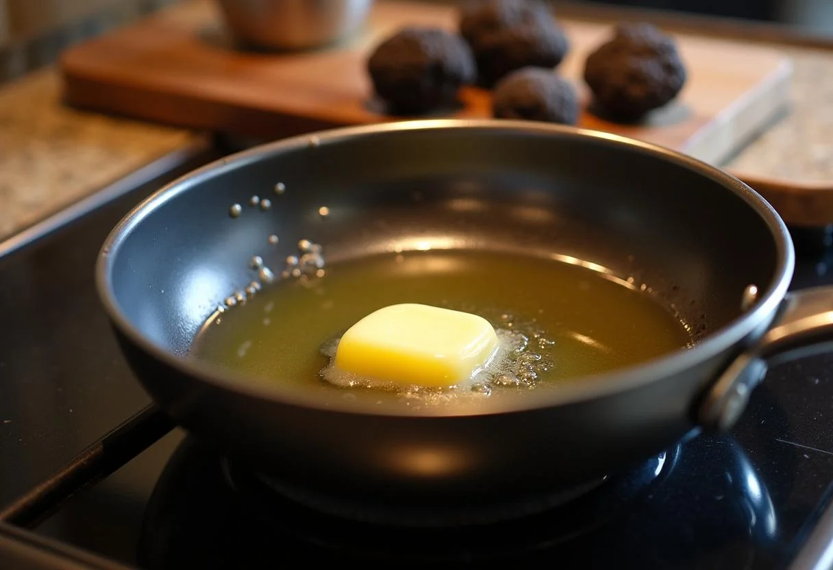 Beurre fondu dans une casserole avec des truffes noires fraîches, préparant les ingrédients pour la brouillade à la truffe.