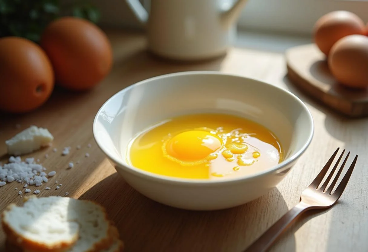 Oeufs fouettés et fleur de sel prêts à être utilisés dans la préparation de la brouillade au truffe.