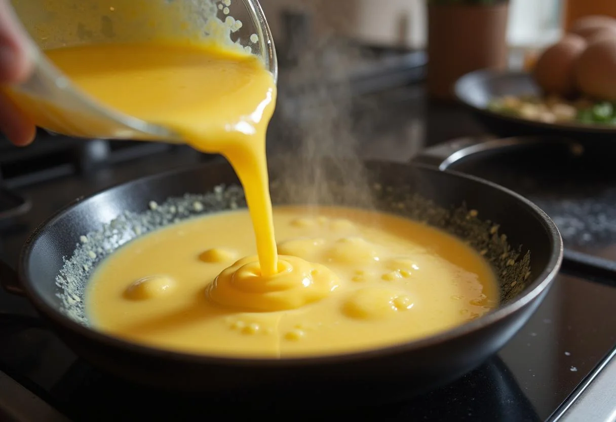 Oeufs cuisant dans du beurre dans une poêle pour la brouillade truffe, montrant la formation des petits grumeaux mous.