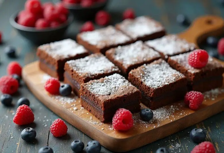 Brownie au chocolat blanc présenté avec des carrés savoureux sur une planche en bois rustique, offrant une délicieuse recette de brownie au chocolat blanc.