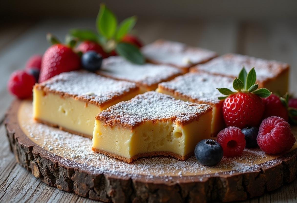 Brownie au chocolat blanc présenté avec des carrés savoureux sur une planche en bois rustique, offrant une délicieuse recette de brownie au chocolat blanc.