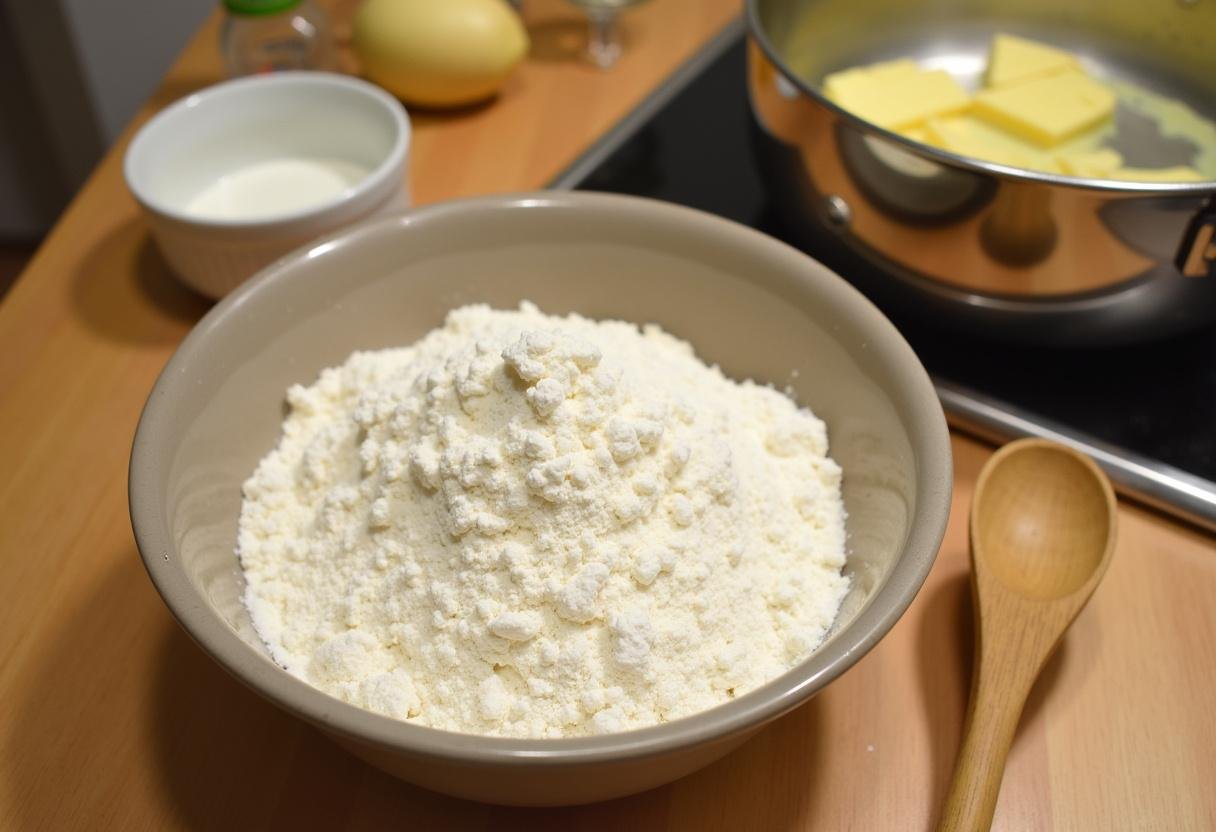 Bowl d'ingrédients pour la recette brownie au chocolat blanc sur un plan de travail en bois, mettant en avant farine, sucre et levure, un dessert chocolat blanc gourmand.