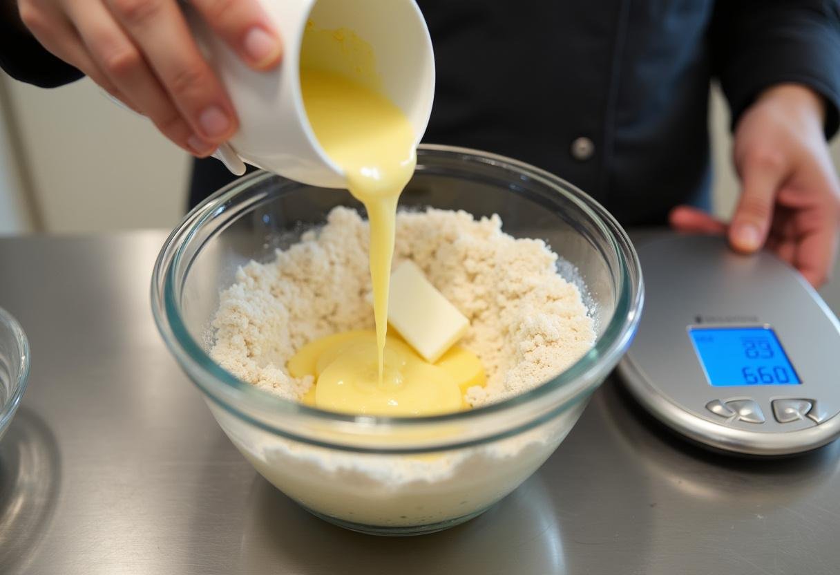Chef versant du beurre fondu et du chocolat blanc dans le mĂ©lange d'ingrĂ©dients secs pour la recette de brownie facile, illustrant le processus de prĂ©paration savoureuse.
