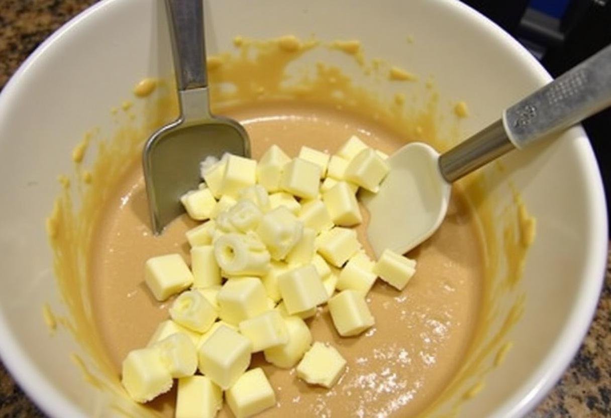 Gros plan sur la pùte épaisse et lisse du brownie moelleux avec des morceaux de chocolat blanc, mettant en avant la texture riche de cette recette de dessert chocolat blanc.