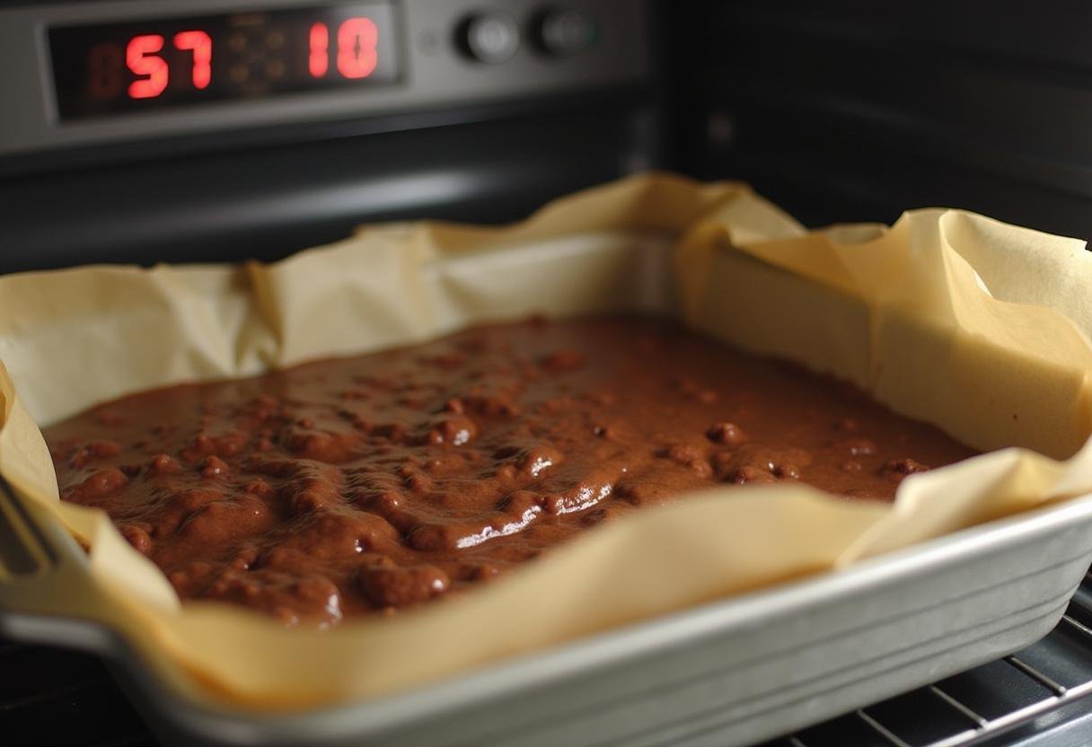 Plat de cuisson préparé pour le brownie au chocolat blanc, illustrant la recette de gùteau au chocolat blanc en cours de cuisson.
