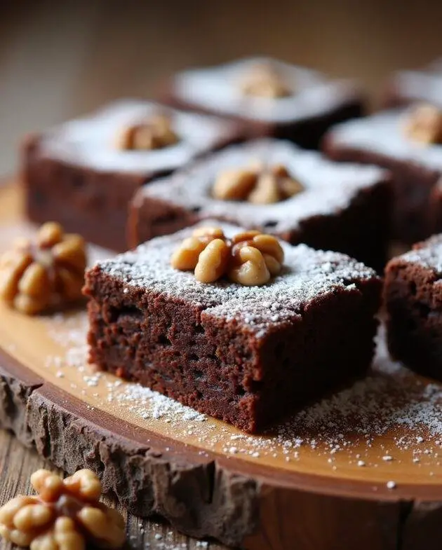 Brownie aux noix classique américain joliment présenté, une recette de brownie irrésistible.