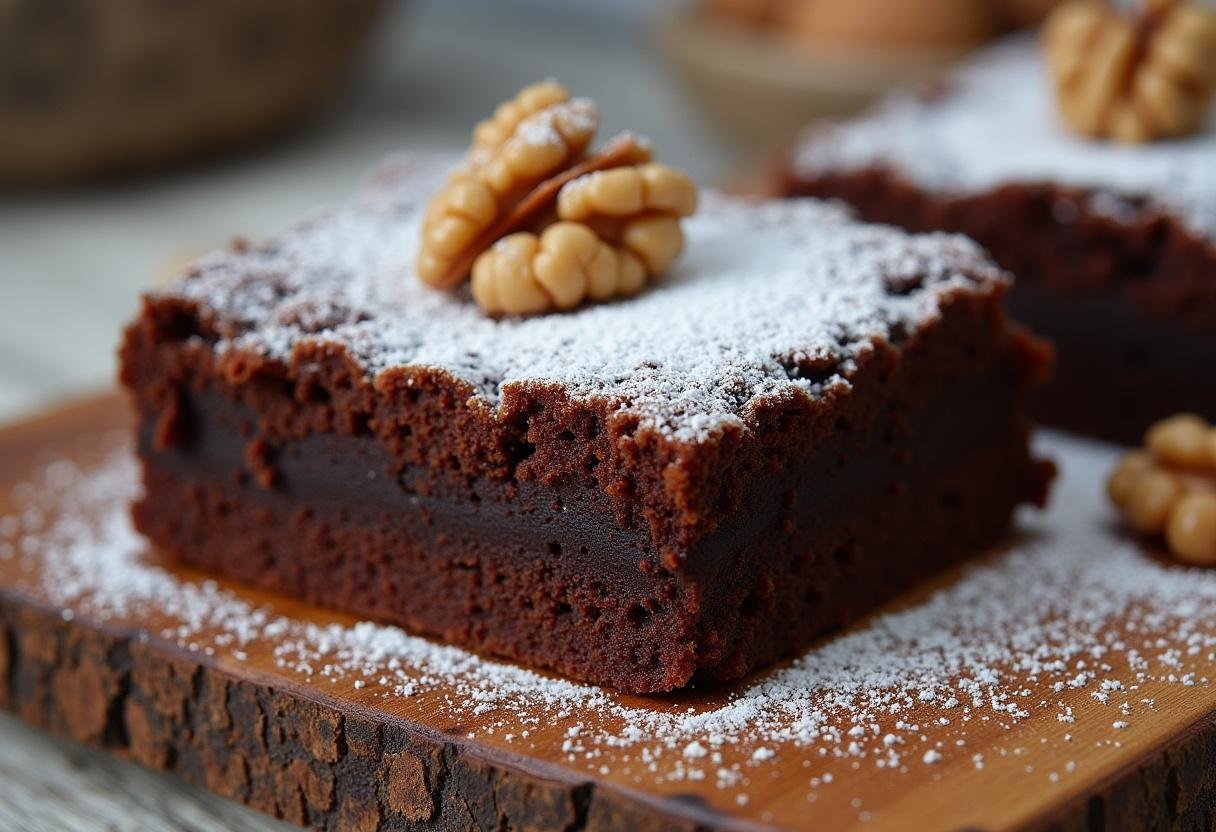 Brownie aux noix classique américain joliment présenté, une recette de brownie irrésistible.