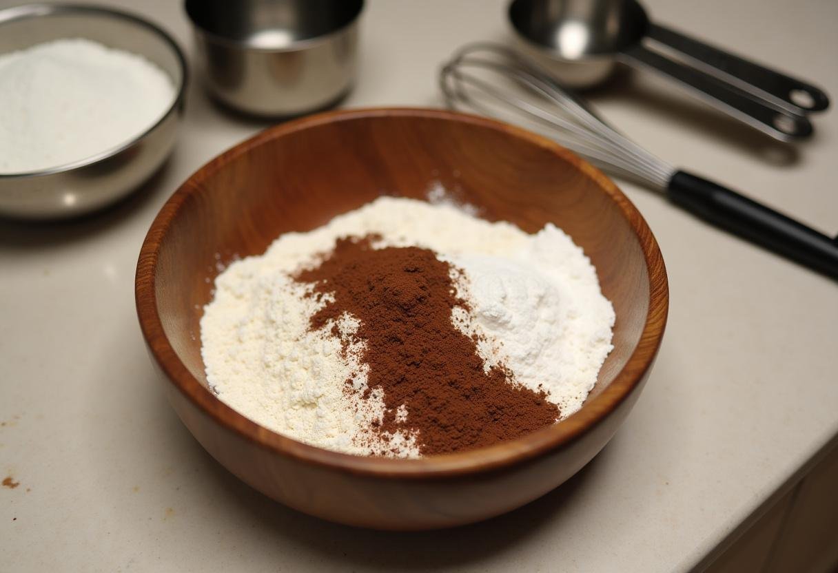 Ingrédients pour brownie aux noix dans un bol en bois, préparation de la recette américaine.