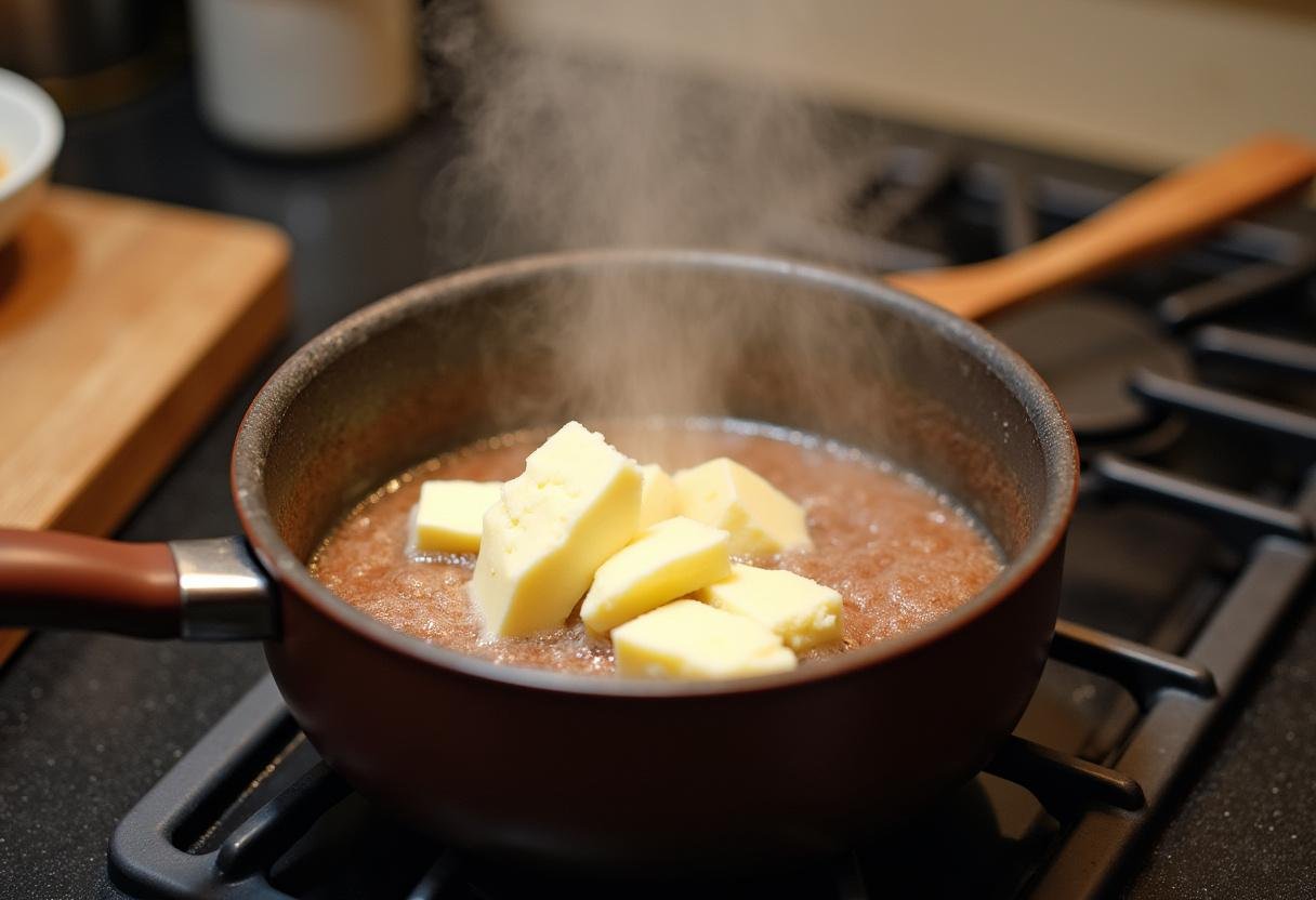 Beurre et sucre en train de fondre pour le brownie au noix classique américain.