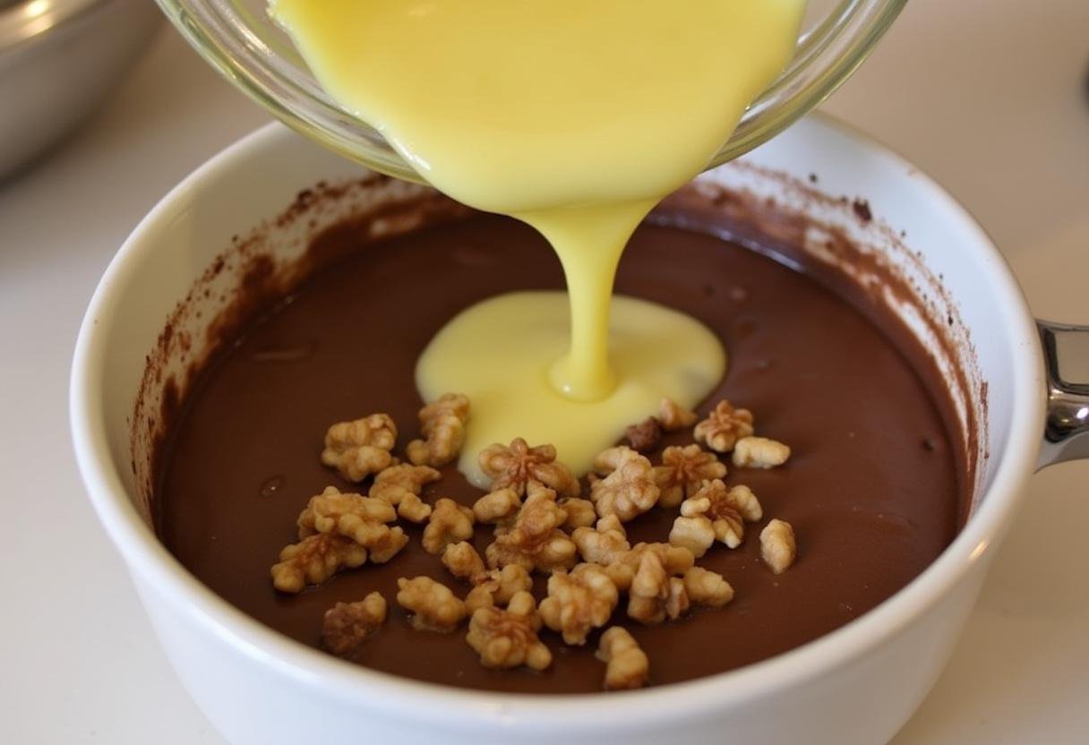 Mélange de brownie américain avec des noix, intégration des ingrédients pour une recette de brownie.