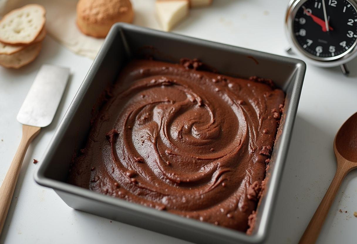 Préparation de la pâte à brownie aux noix dans un moule avant cuisson, recette américaine phare.