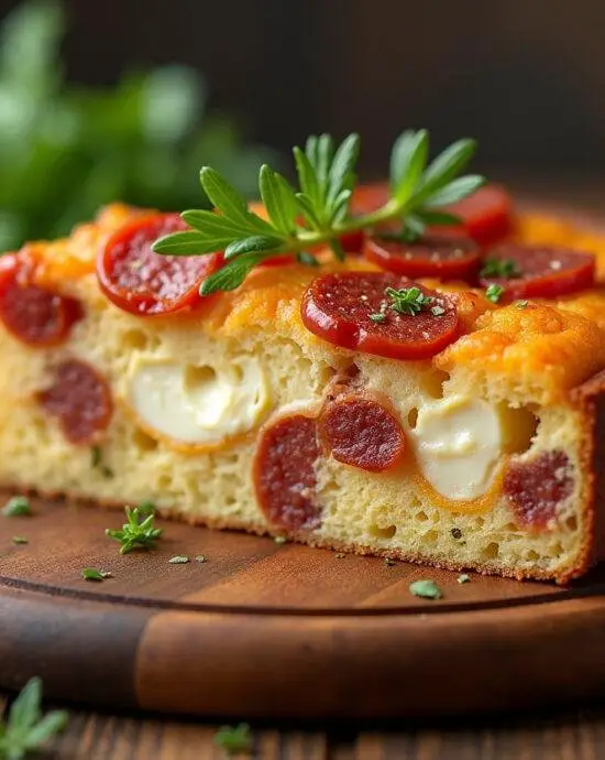 Tranche de cake au chorizo et chèvre moelleux décorée de fines herbes, présentée sur un plateau en bois, illustrant un délicieux cake salé.