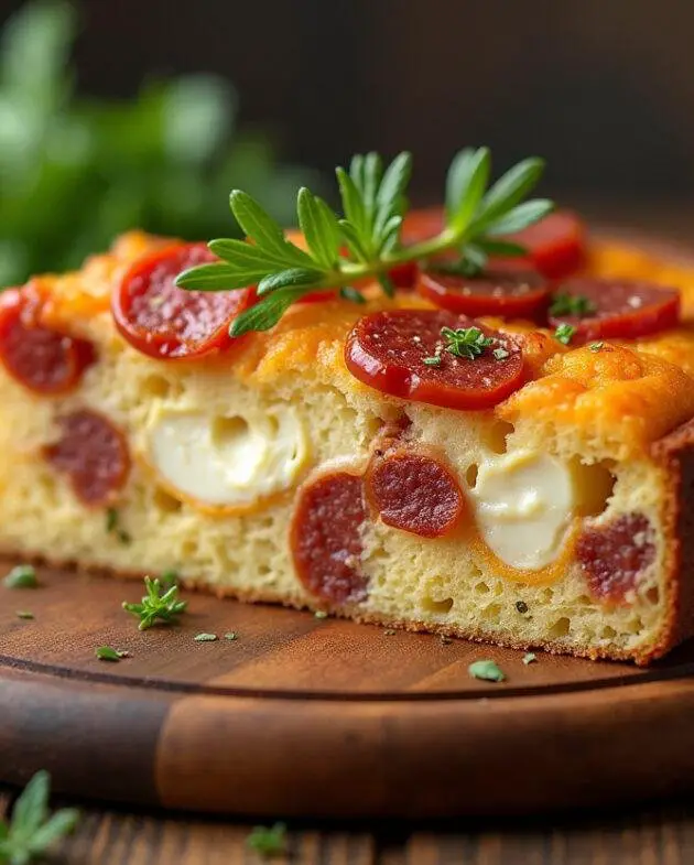 Tranche de cake au chorizo et chèvre moelleux décorée de fines herbes, présentée sur un plateau en bois, illustrant un délicieux cake salé.
