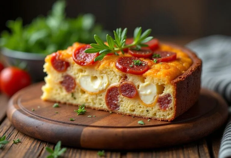 Tranche de cake au chorizo et chèvre moelleux décorée de fines herbes, présentée sur un plateau en bois, illustrant un délicieux cake salé.