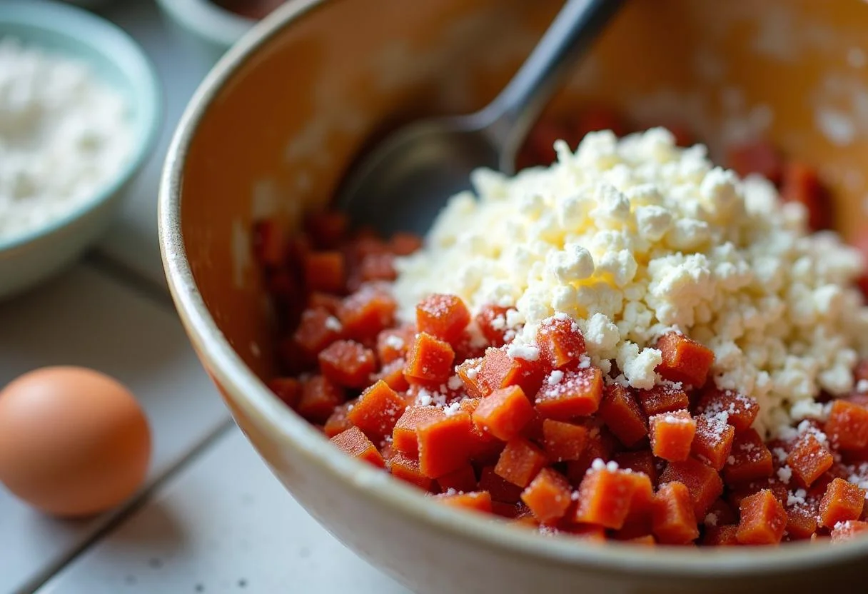 Préparation des ingrédients pour un cake salé au chorizo et au chèvre avec du chorizo coupé et du fromage de chèvre émietté.