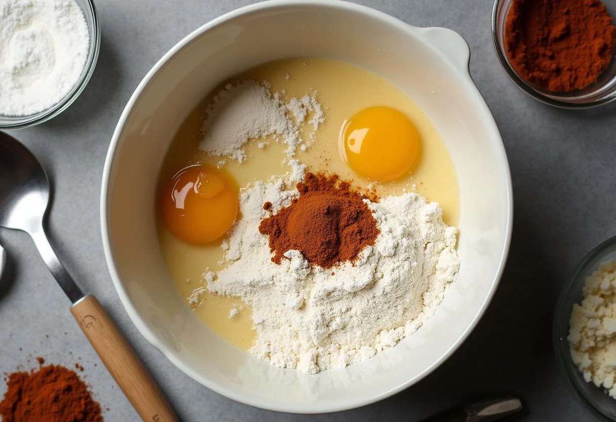 Mélange de la pâte pour le cake au chèvre et chorizo, incorporant la farine, les œufs et les épices dans un grand bol.