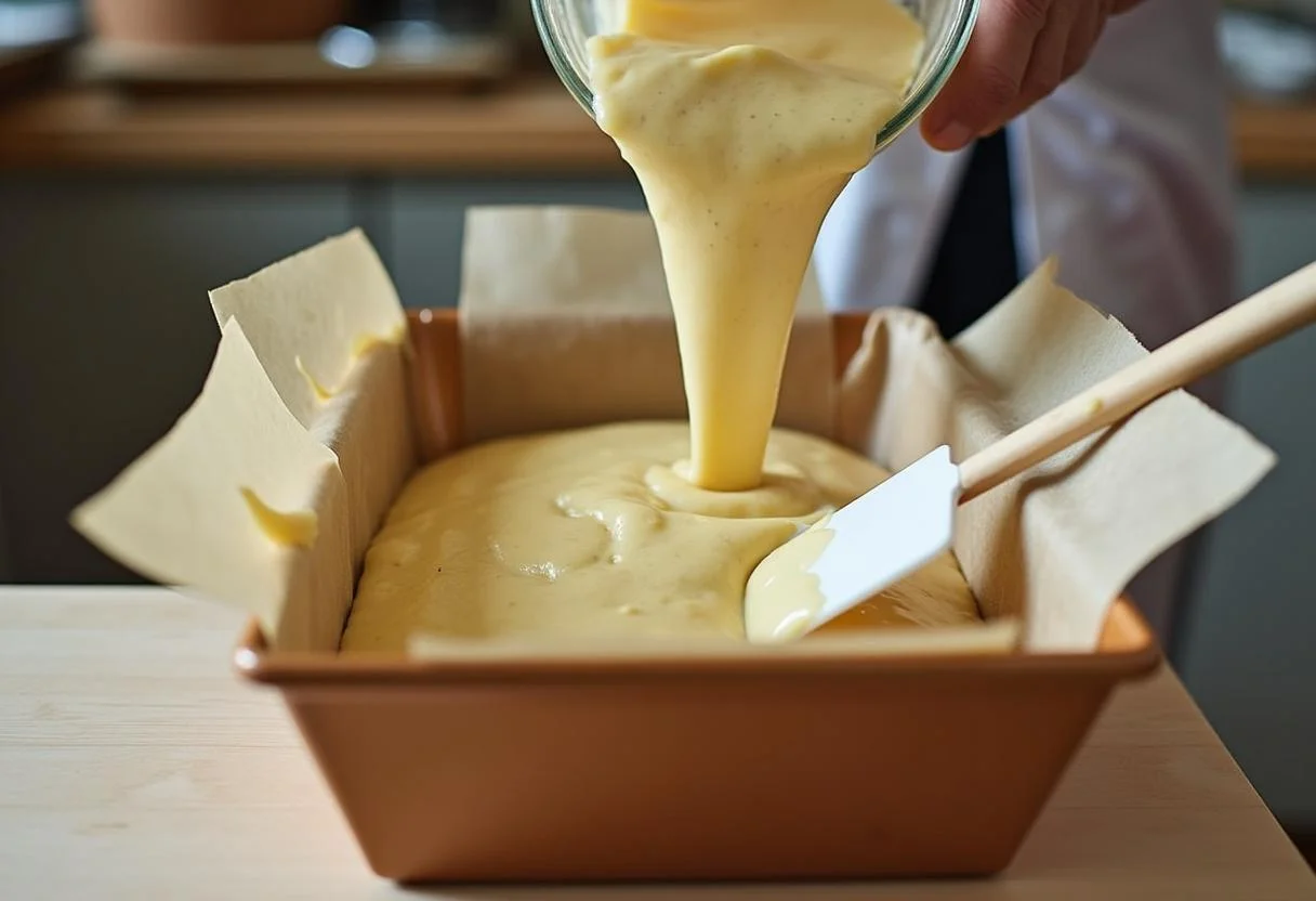 Versement de la pâte dans un moule à cake pour un cake moelleux au chorizo et au chèvre, avec une spatule lissant le dessus.