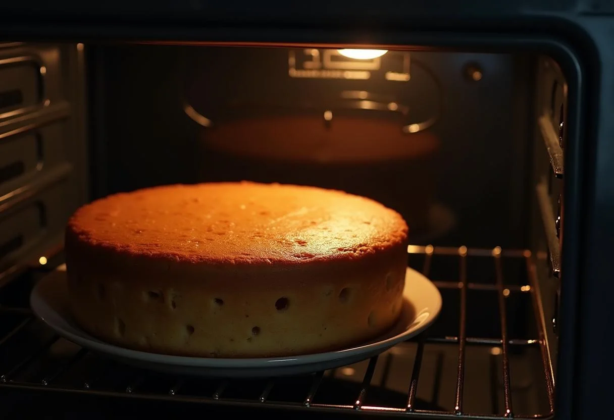 Cake salé au chorizo et chèvre en train de cuire dans le four, doré et bien levé, révélant un moment de cuisson appétissant.