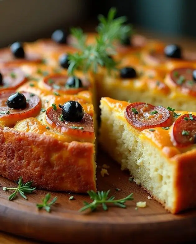 Cake salé chorizo et olives présenté sur une planche en bois, tranché et décoré d'herbes fraîches.