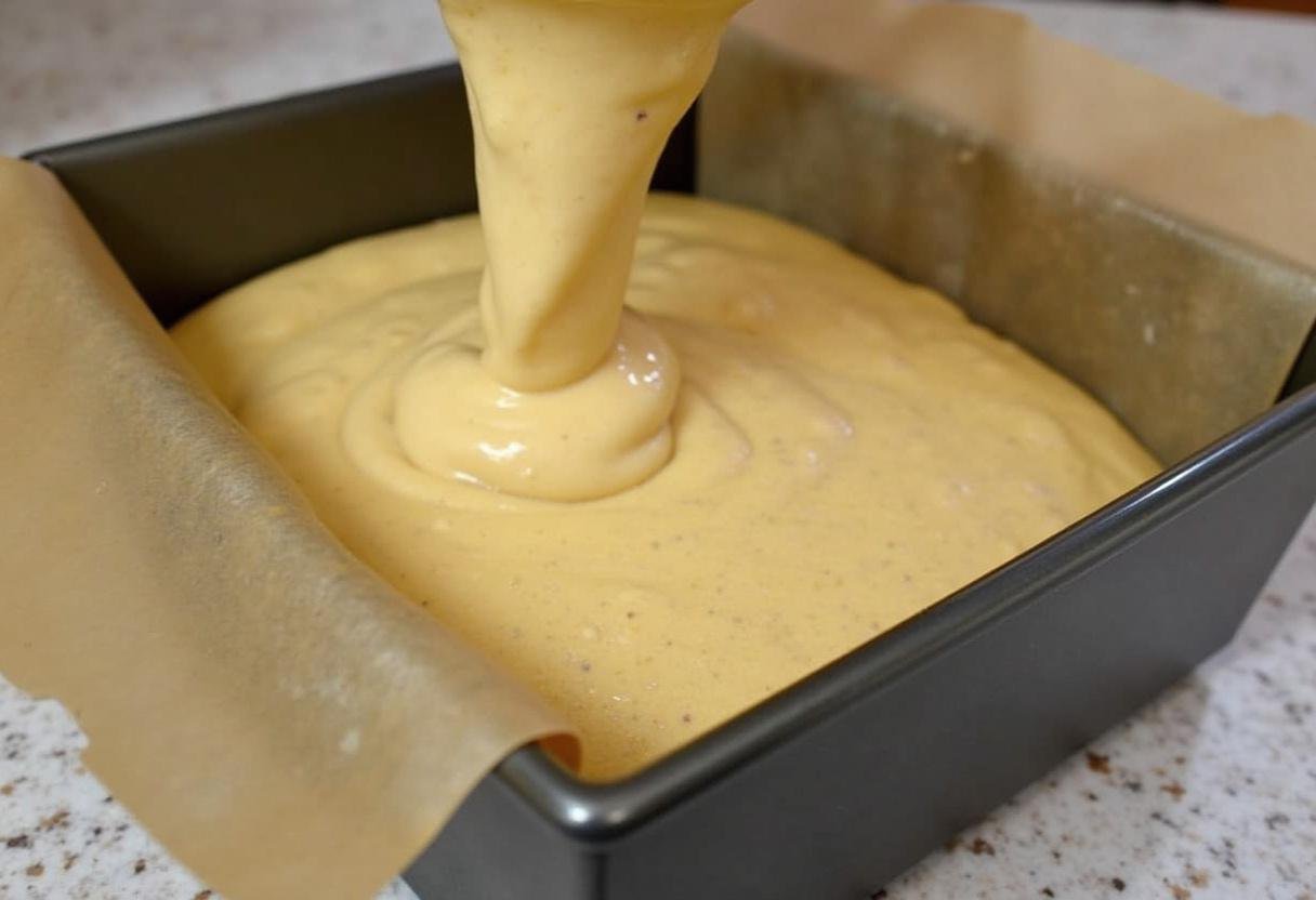 Préparation du cake au chorizo et olives versée dans un moule à cake avant la cuisson.