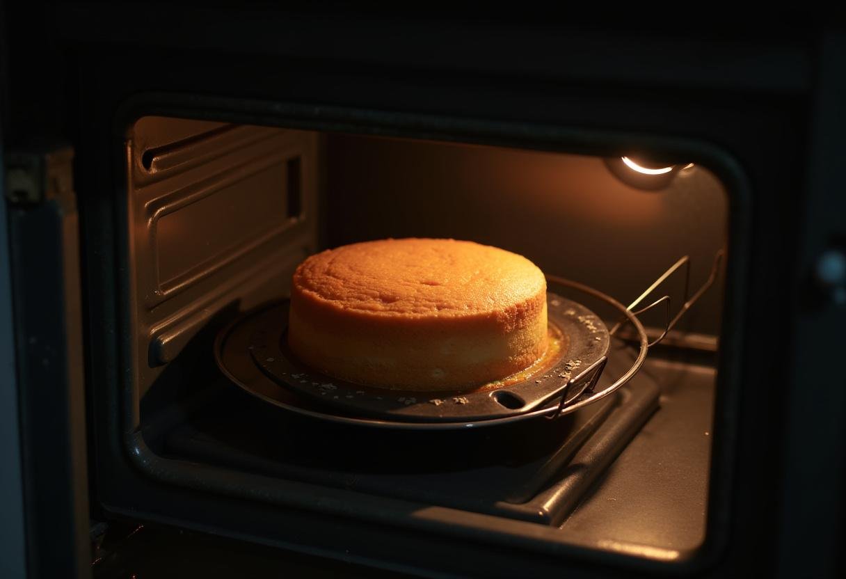 Cake au chorizo et olives en train de cuire, montrant une belle coloration dorée.
