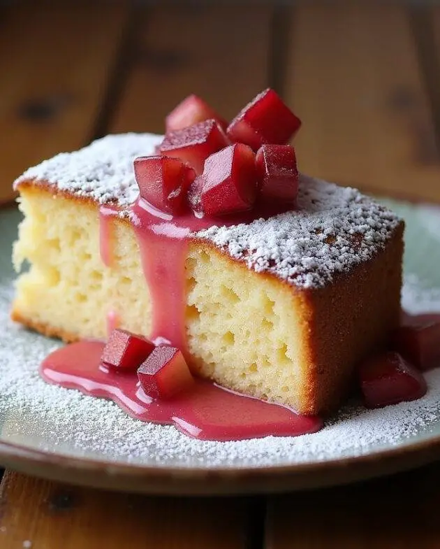 Une part de cake à la rhubarbe fondant sur une assiette rustique, décorée de sucre glace et de morceaux de rhubarbe.