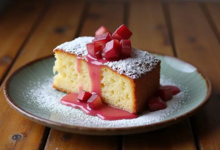Une part de cake à la rhubarbe fondant sur une assiette rustique, décorée de sucre glace et de morceaux de rhubarbe.