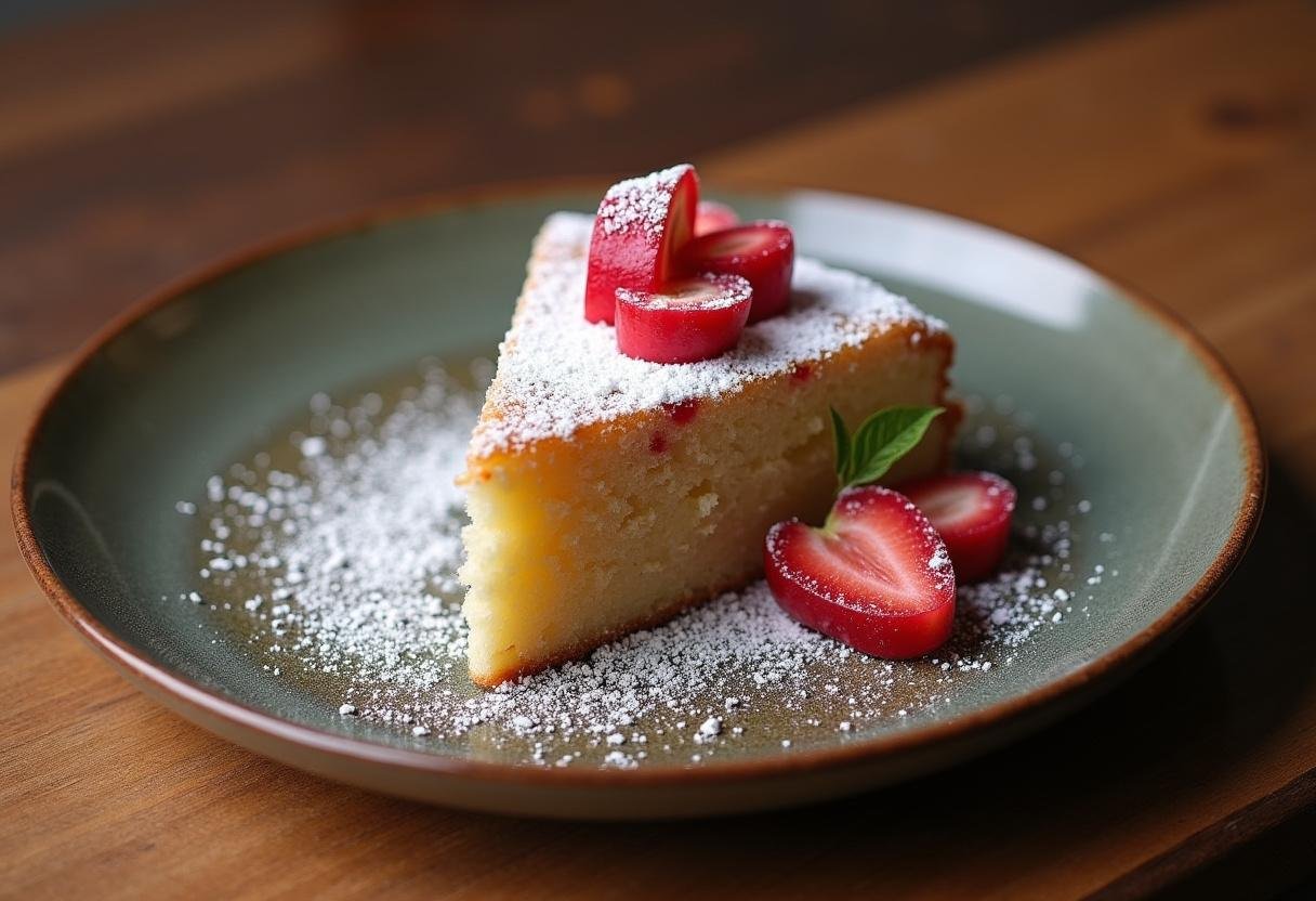 Une part de cake à la rhubarbe fondant sur une assiette rustique, décorée de sucre glace et de morceaux de rhubarbe.