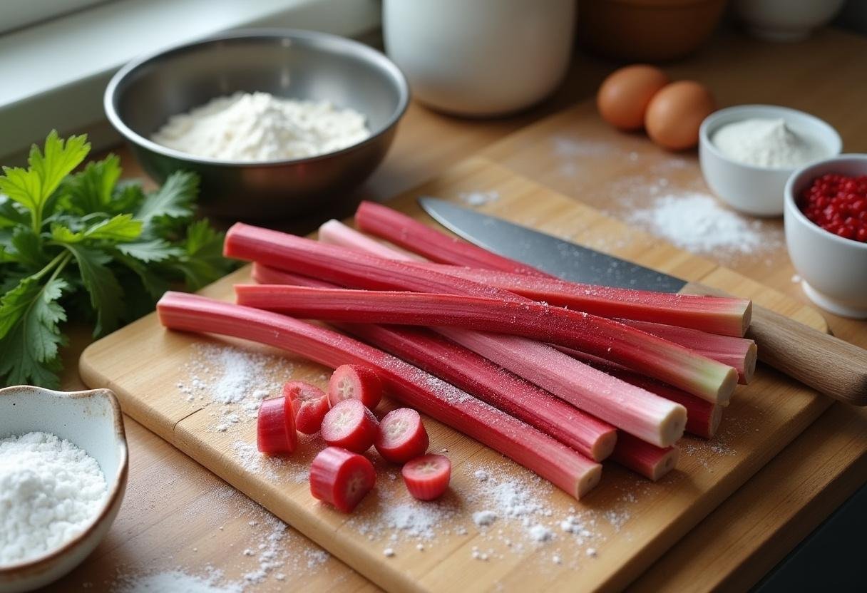 Ingrédients frais pour le cake à la rhubarbe, y compris des tiges de rhubarbe nettoyées sur une planche à découper.