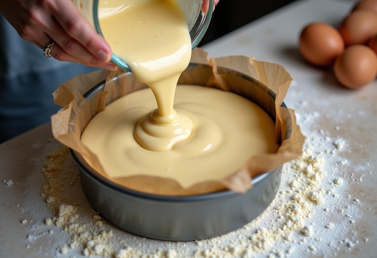 La pâte à cake à la rhubarbe versée dans un moule préparé sur un plan de travail de cuisine.