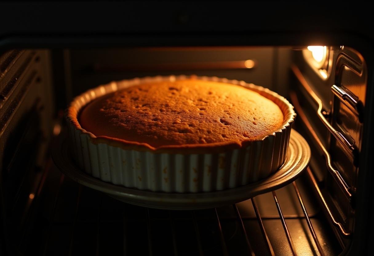 Le cake à la rhubarbe fondant dans le four, laissant émaner un arôme délicieux.
