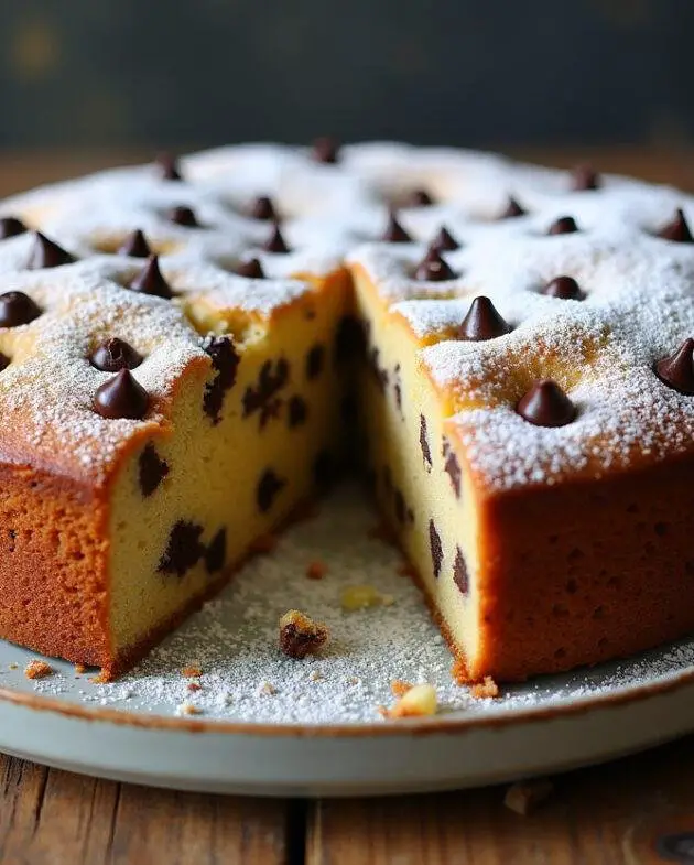 Cake moelleux aux pépites de chocolat parfaitement cuit, prêt à être dégusté.