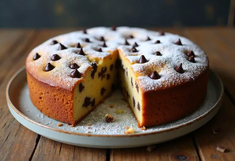 Cake moelleux aux pépites de chocolat parfaitement cuit, prêt à être dégusté.