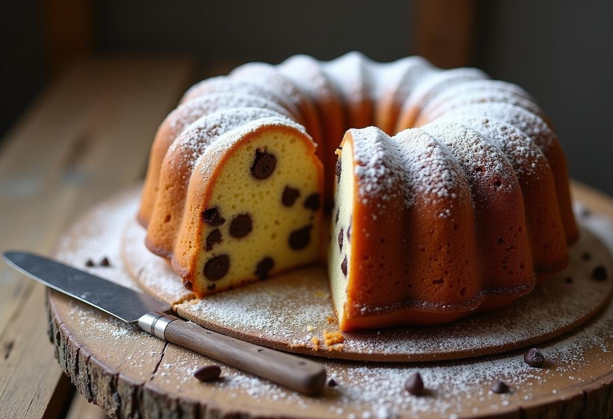 Cake moelleux aux pépites de chocolat parfaitement cuit, prêt à être dégusté.