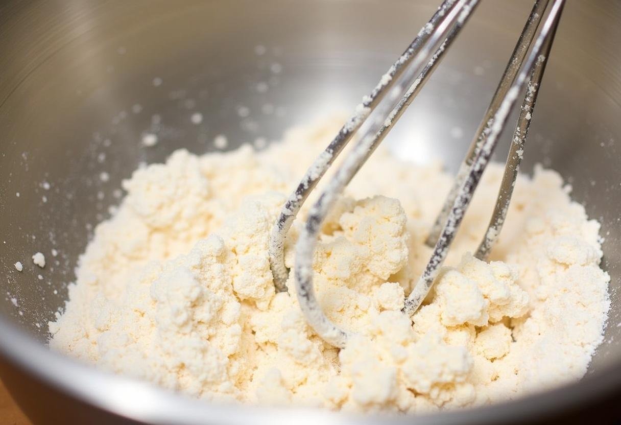 Mélange de farine, sucre, levure chimique et sel dans un bol pour préparer un cake aux pépites de chocolat.
