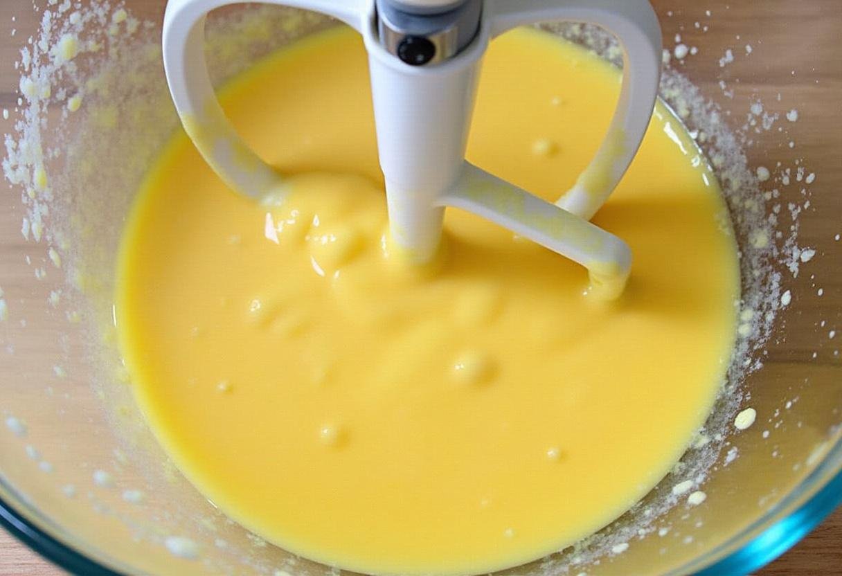 Mélange de beurre fondu, oeufs et extrait de vanille pour un cake moelleux aux pépites de chocolat.