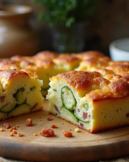 Présentation d'un cake aux poireaux fondue et lardons, tranché sur une planche en bois, montrant la texture moelleuse et les ingrédients savoureux.