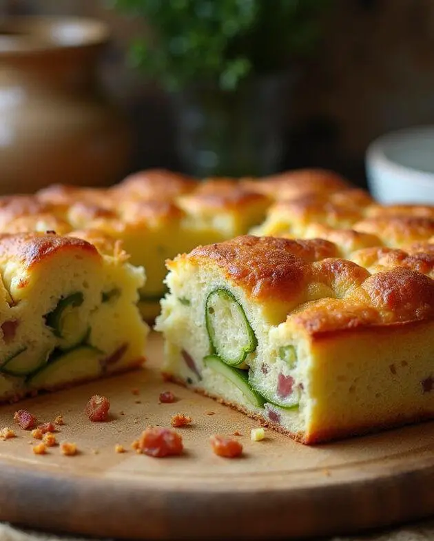 Présentation d'un cake aux poireaux fondue et lardons, tranché sur une planche en bois, montrant la texture moelleuse et les ingrédients savoureux.