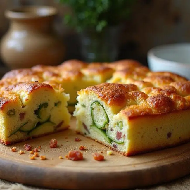 Présentation d'un cake aux poireaux fondue et lardons, tranché sur une planche en bois, montrant la texture moelleuse et les ingrédients savoureux.