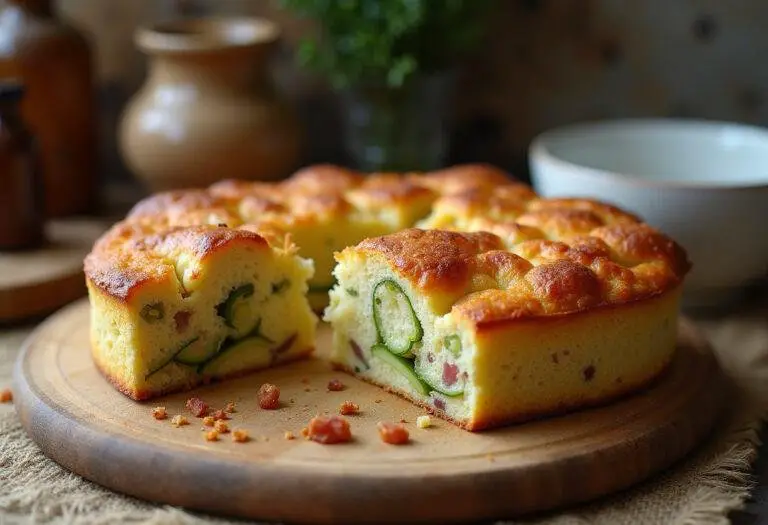 Présentation d'un cake aux poireaux fondue et lardons, tranché sur une planche en bois, montrant la texture moelleuse et les ingrédients savoureux.