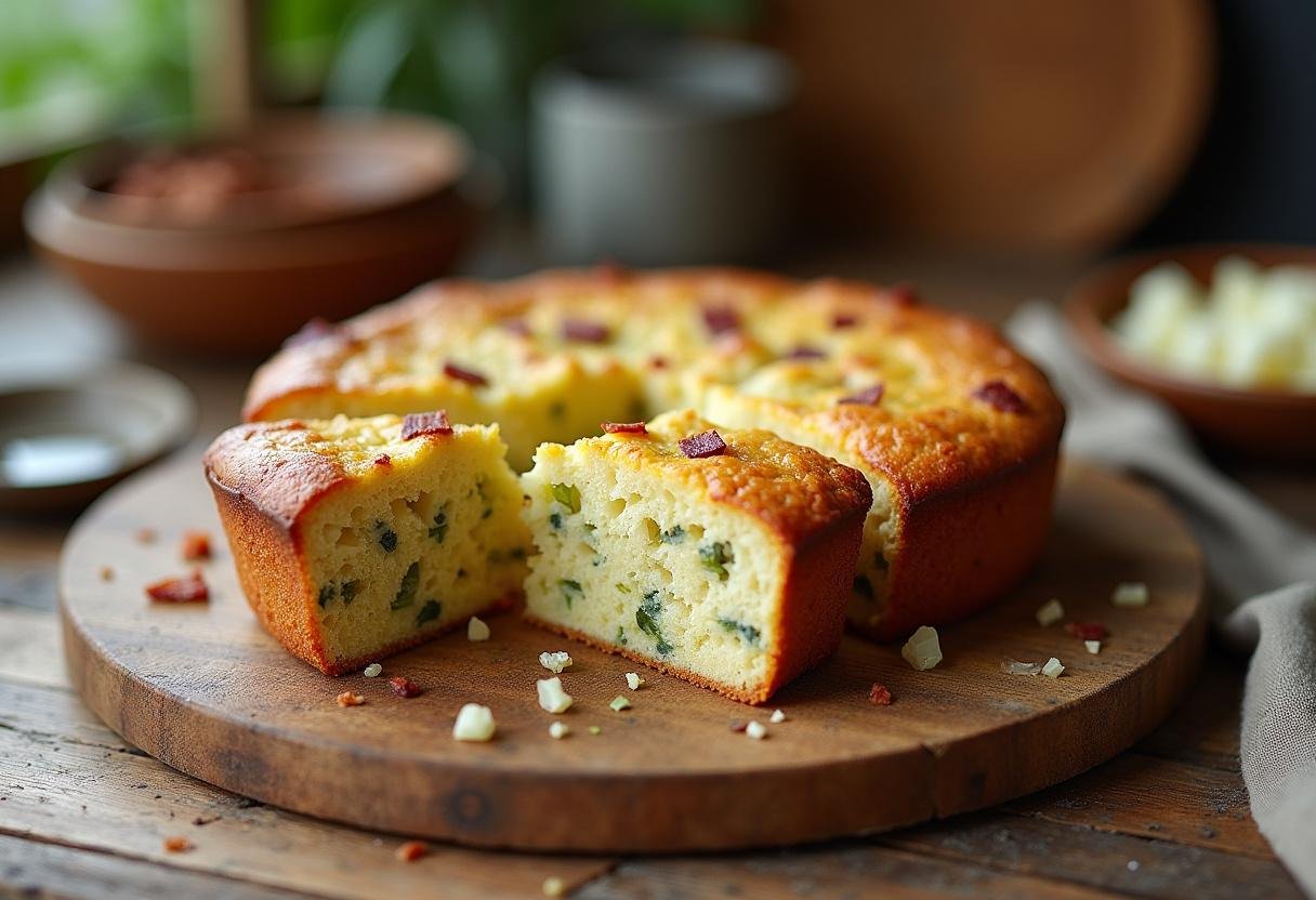Présentation d'un cake aux poireaux fondue et lardons, tranché sur une planche en bois, montrant la texture moelleuse et les ingrédients savoureux.