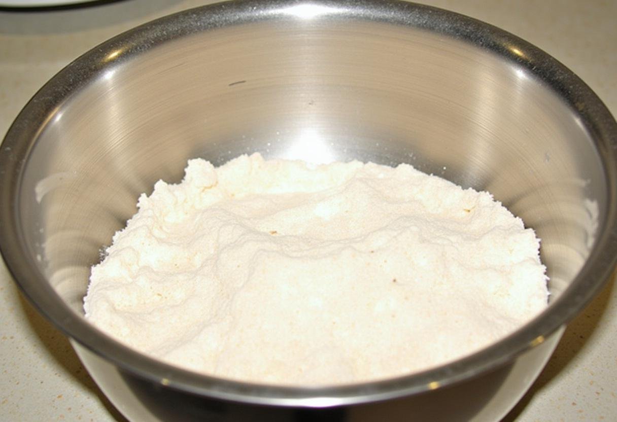 Mélange des ingrédients secs pour un cake au poireau, farine et levure bien mélangés dans un grand bol.